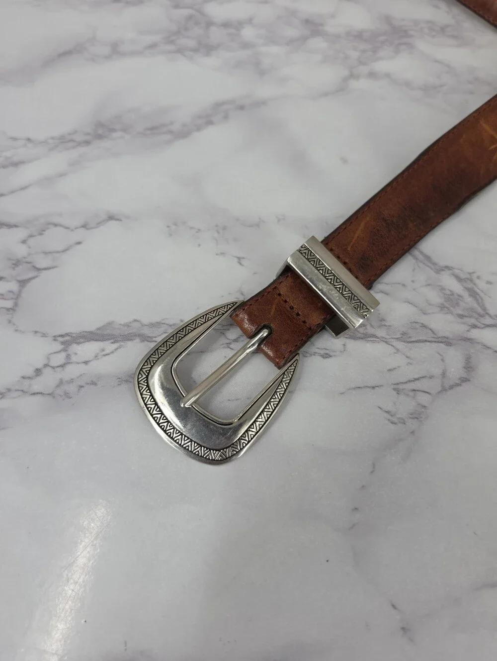 Vintage Brown Leather Western Concho Men's Belt with Silver Tone Buckle Aztec